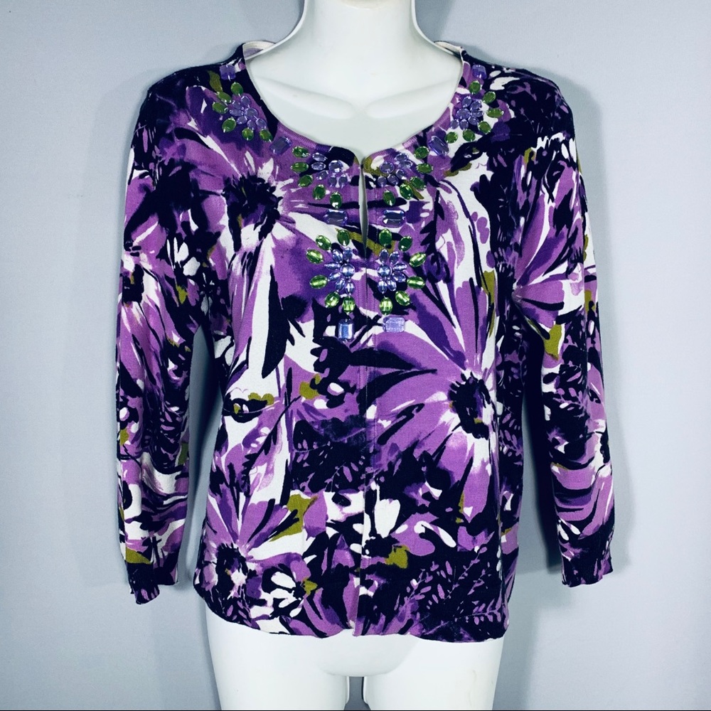 Embellished Purple Printed Button Up Sweater